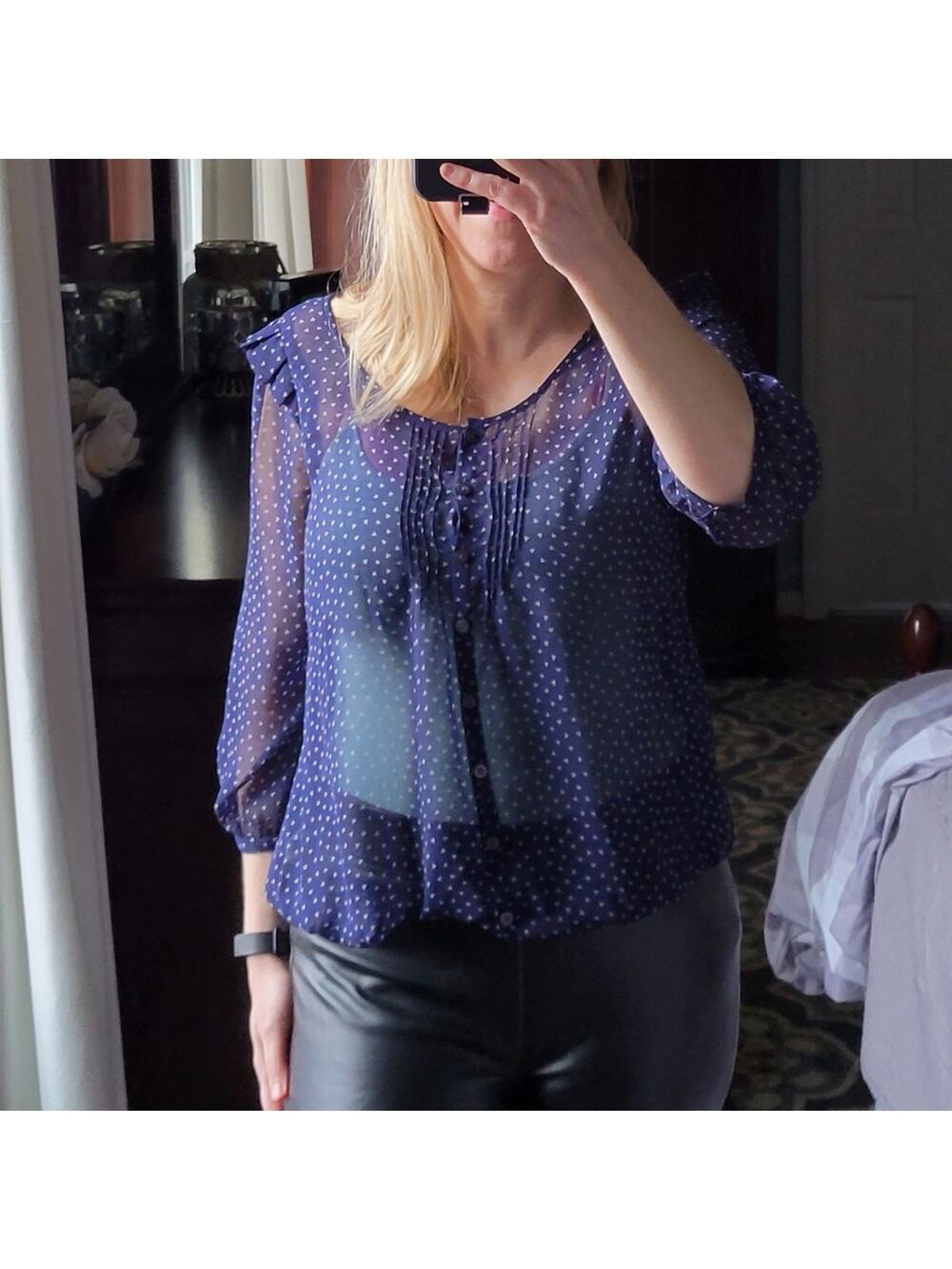 Pins and Needles Top Small Navy Blue Triangle Brown Print, Semi Sheer, Ruffle